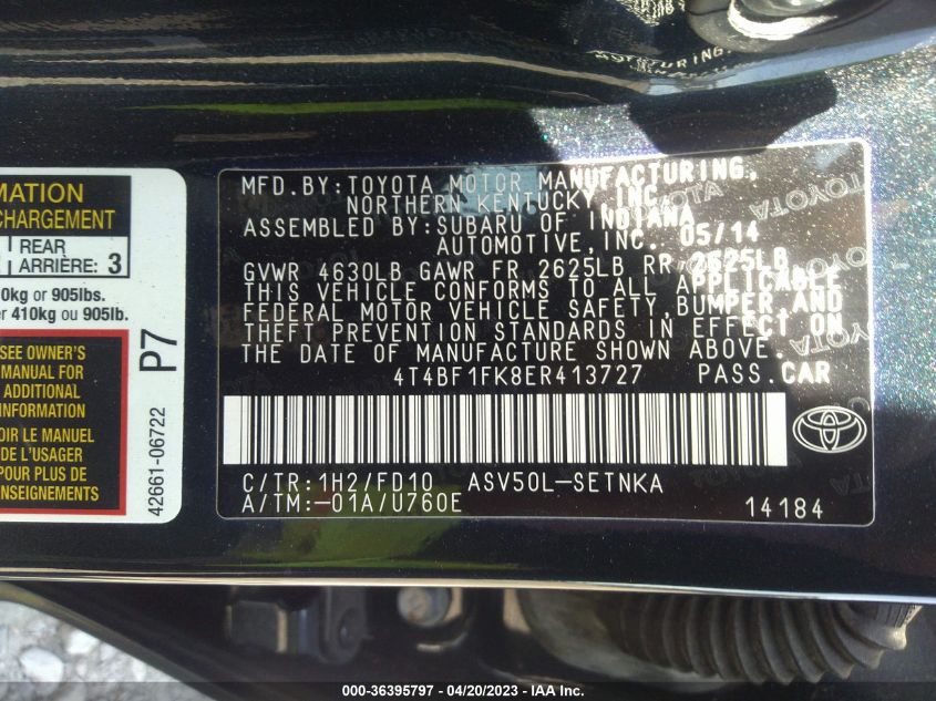 2014 TOYOTA CAMRY L/LE/XLE/SE/SE SPORT - 4T4BF1FK8ER413727
