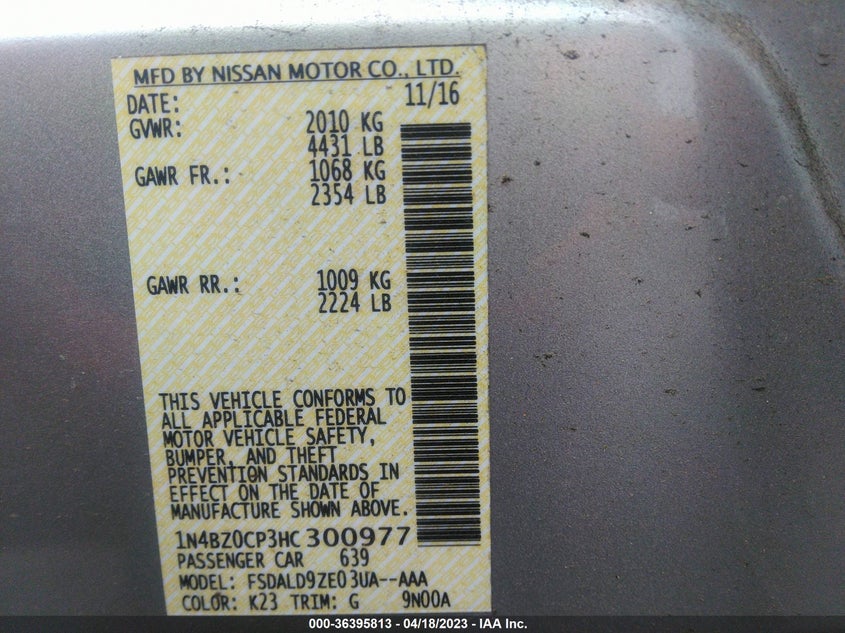VIN 1N4BZ0CP3HC300977 2017 NISSAN LEAF SV