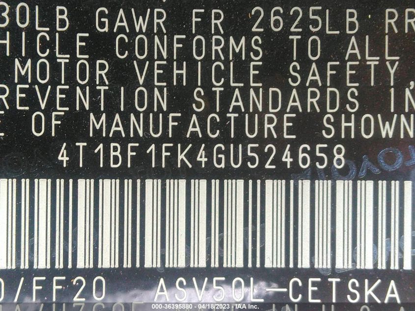 2016 TOYOTA CAMRY XLE/SE/LE/XSE - 4T1BF1FK4GU524658