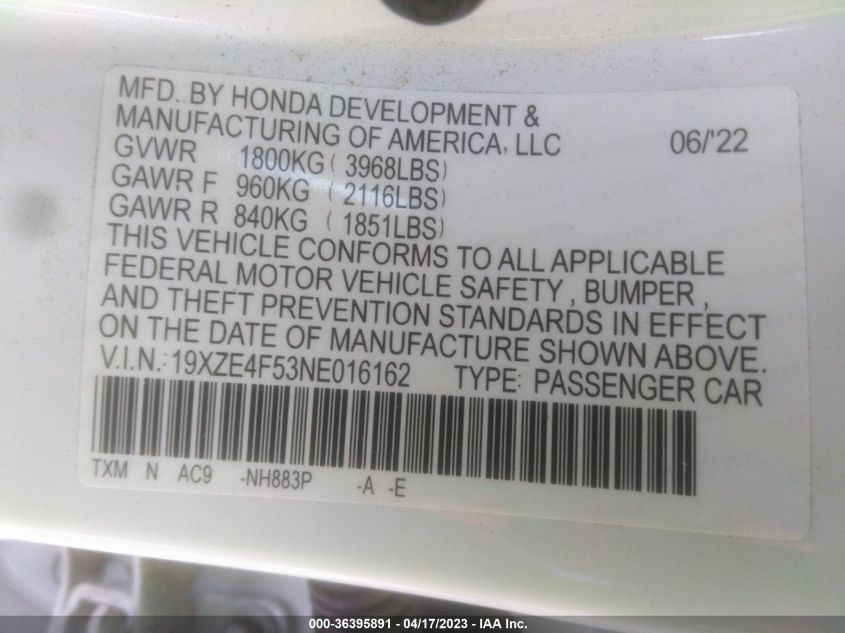 2022 HONDA INSIGHT EX - 19XZE4F53NE016162