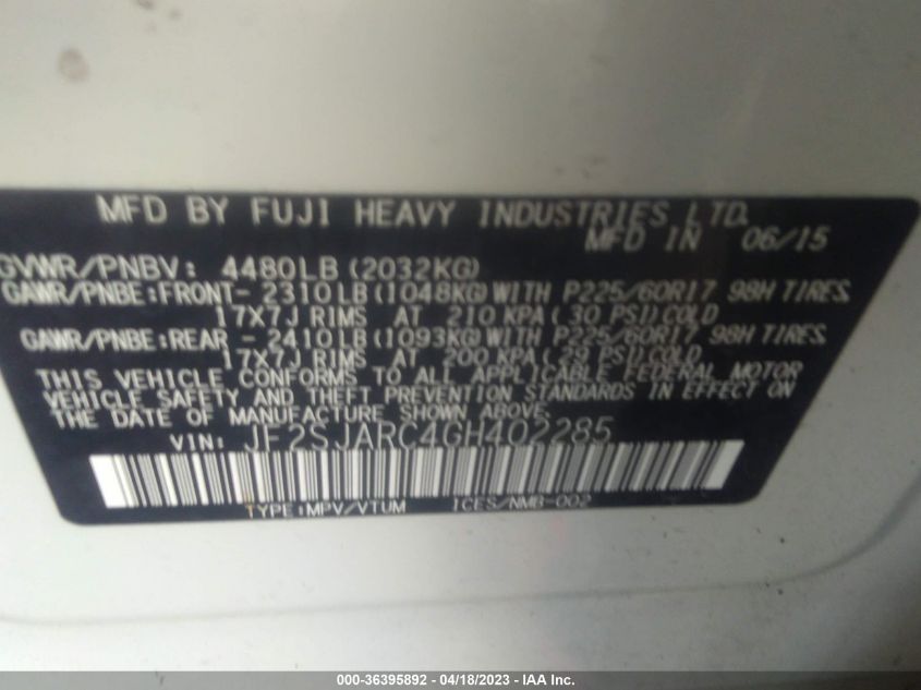 2016 SUBARU FORESTER 2.5I LIMITED - JF2SJARC4GH402285