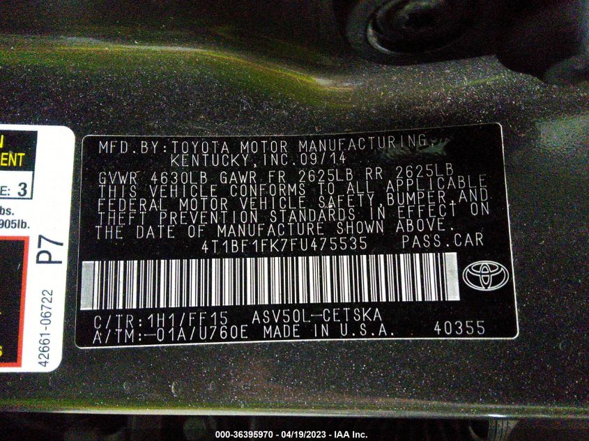 2015 TOYOTA CAMRY XLE/SE/LE/XSE - 4T1BF1FK7FU475535