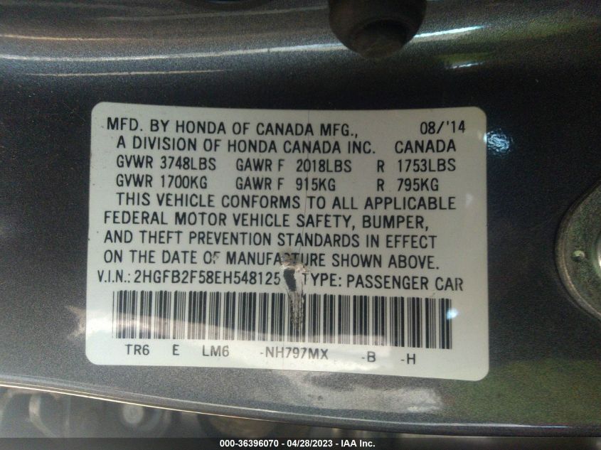 2014 HONDA CIVIC SEDAN LX - 2HGFB2F58EH548125