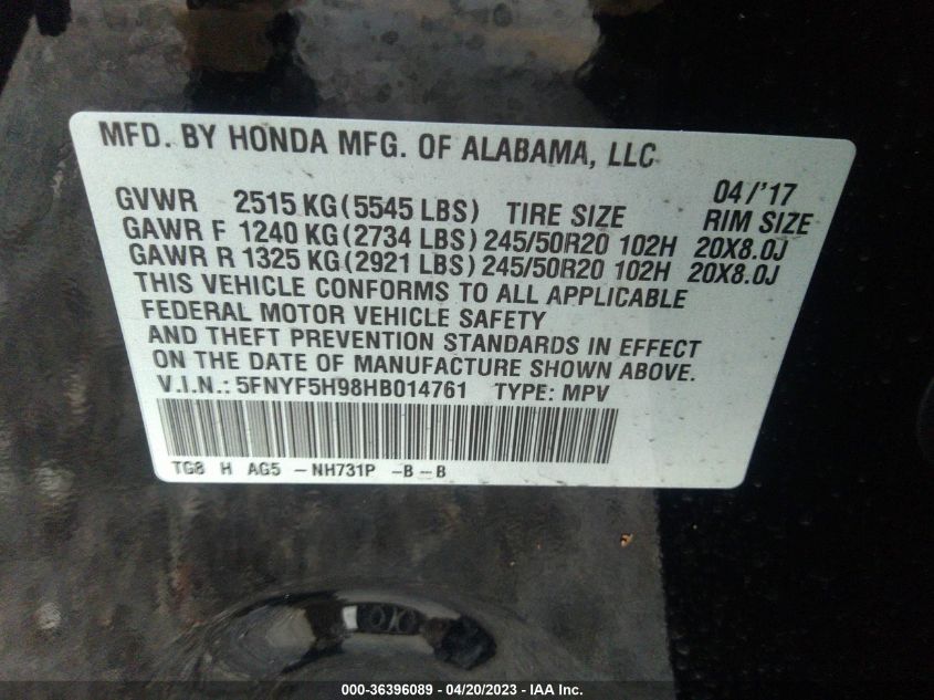 2017 HONDA PILOT TOURING - 5FNYF5H98HB014761