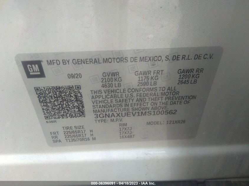 2021 CHEVROLET EQUINOX LT - 3GNAXUEV1MS100562