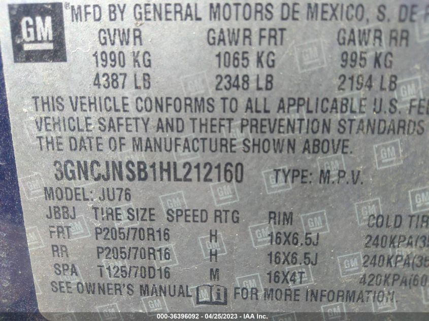 2017 CHEVROLET TRAX LS - 3GNCJNSB1HL212160