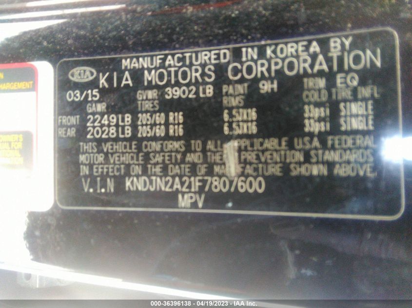 2015 KIA SOUL BASE - KNDJN2A21F7807600