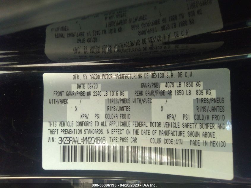 VIN 3MZBPAALXMM204646 2021 MAZDA MAZDA3 SEDAN 2.5 S