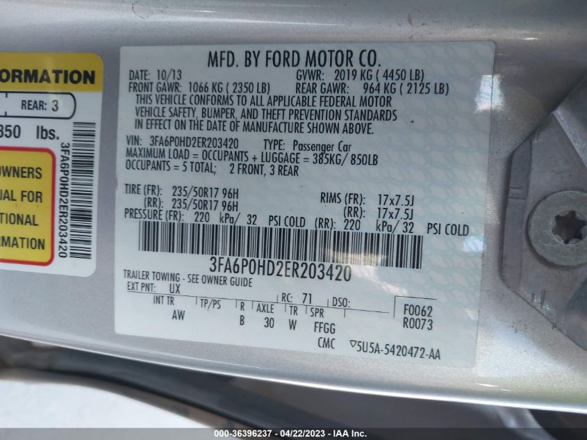 2014 FORD FUSION SE - 3FA6P0HD2ER203420