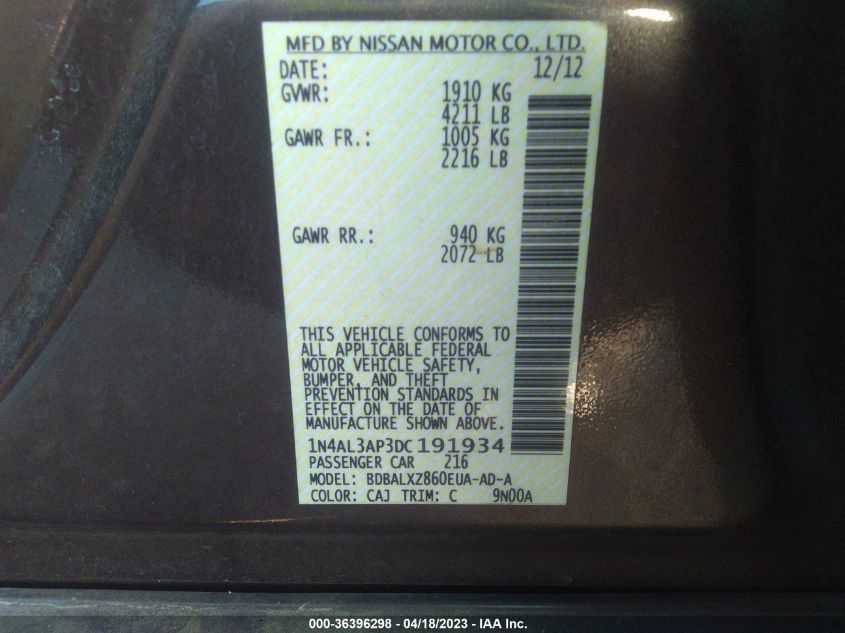 2013 NISSAN ALTIMA 2.5 SL - 1N4AL3AP3DC191934