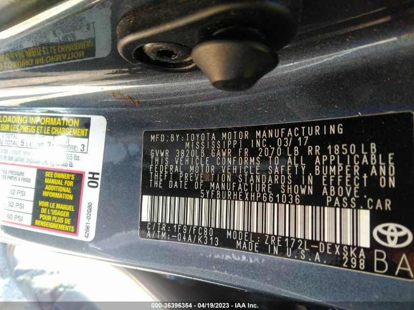 2017 TOYOTA COROLLA L/LE/XLE/SE - 5YFBURHEXHP661036