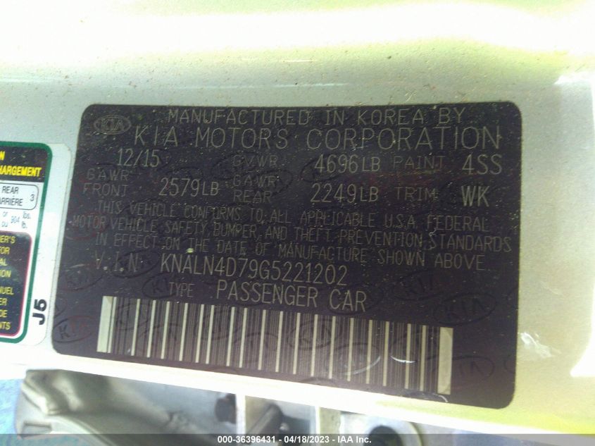 2016 KIA CADENZA KNALN4D79G5221202