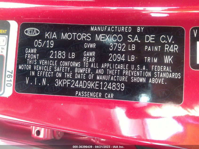 2019 KIA FORTE LXS - 3KPF24AD9KE124839