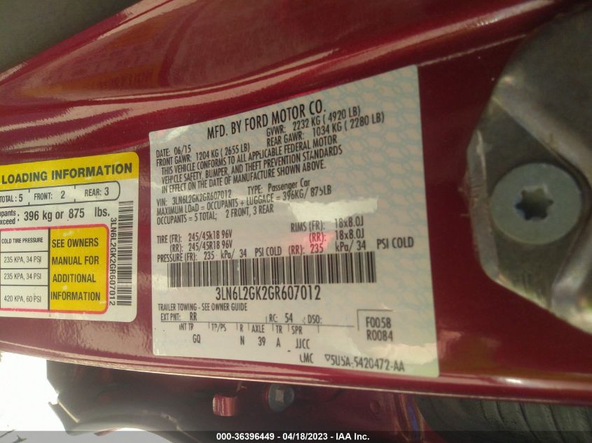 2016 LINCOLN MKZ - 3LN6L2GK2GR607012