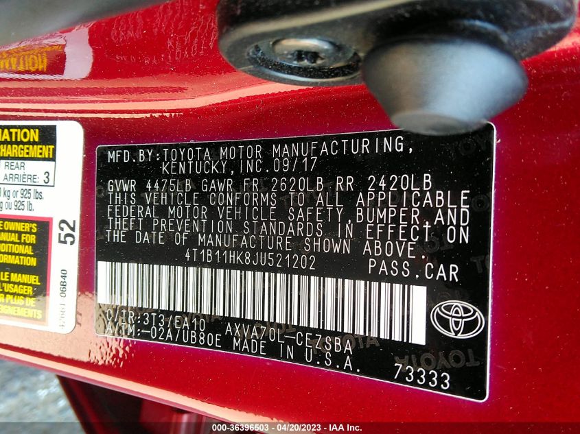 2018 TOYOTA CAMRY LE/SE/XLE/L - 4T1B11HK8JU521202