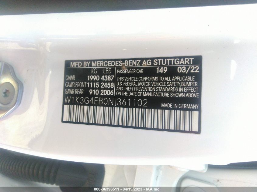 2022 MERCEDES-BENZ A-CLASS A 220 W1K3G4EB0NJ361102