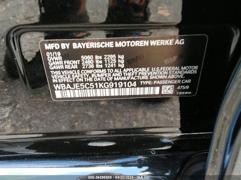 2019 BMW 5 SERIES 540I - WBAJE5C51KG919104