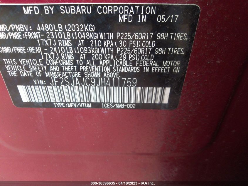 2018 SUBARU FORESTER LIMITED - JF2SJAJC9JH411759