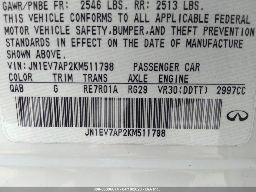 2019 INFINITI Q50 3.0T SPORT - JN1EV7AP2KM511798