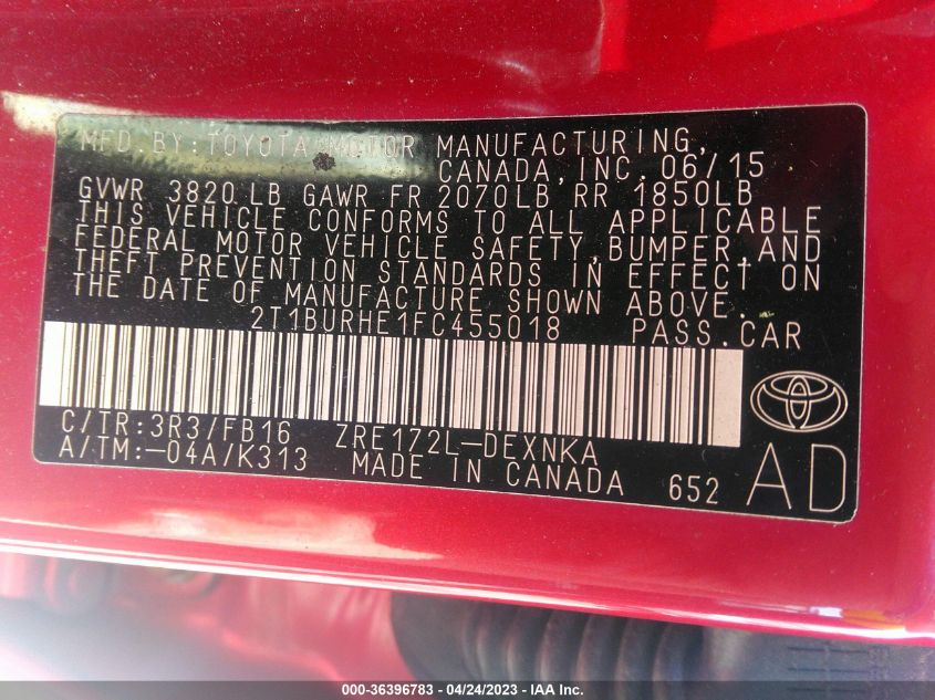 2015 TOYOTA COROLLA L/LE/S/S PLUS/LE PLUS - 2T1BURHE1FC455018