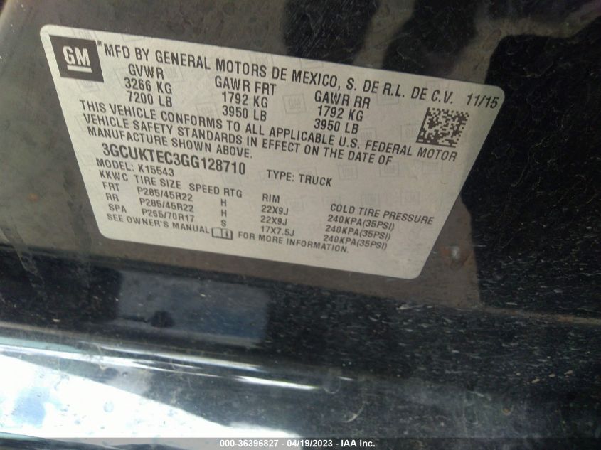 2016 CHEVROLET SILVERADO 1500 HIGH COUNTRY - 3GCUKTEC3GG128710