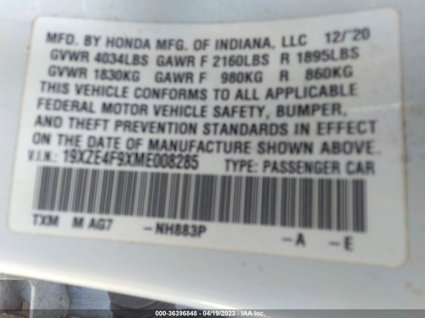 2021 HONDA INSIGHT TOURING - 19XZE4F9XME008285