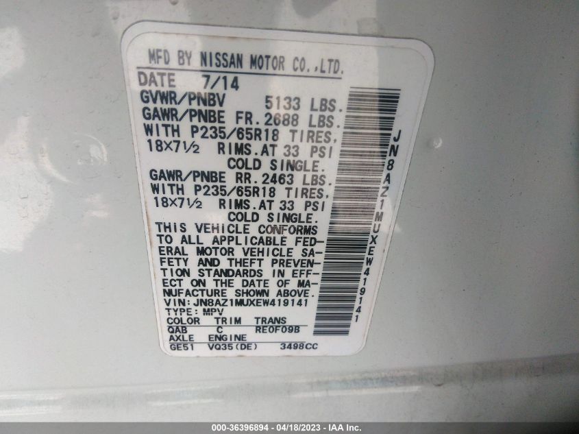 2014 NISSAN MURANO S - JN8AZ1MUXEW419141