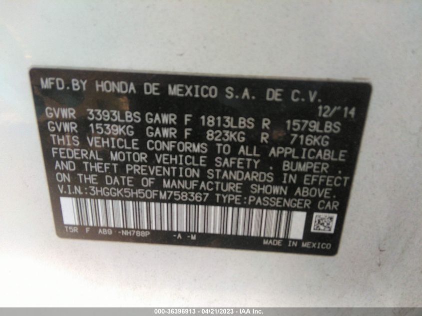 2015 HONDA FIT LX - 3HGGK5H50FM758367