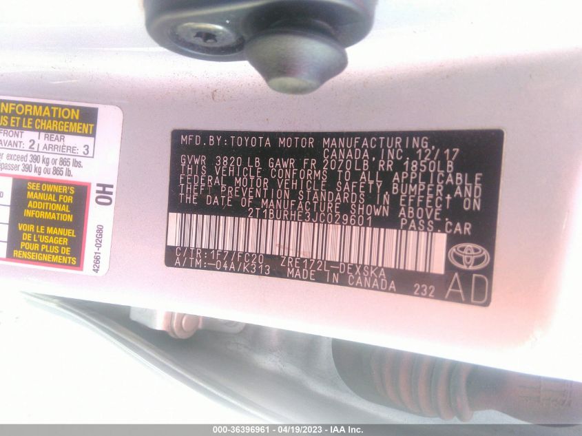 2018 TOYOTA COROLLA L/LE/XLE/SE/XSE - 2T1BURHE3JC029601