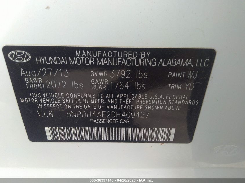 2013 HYUNDAI ELANTRA GLS - 5NPDH4AE2DH409427
