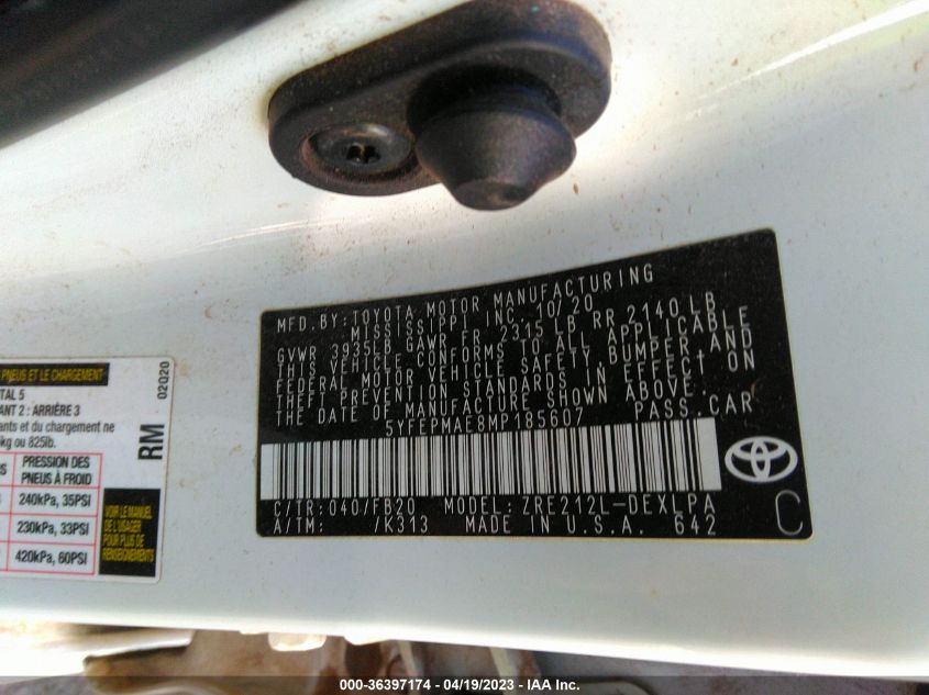 2021 TOYOTA COROLLA LE - 5YFEPMAE8MP185607