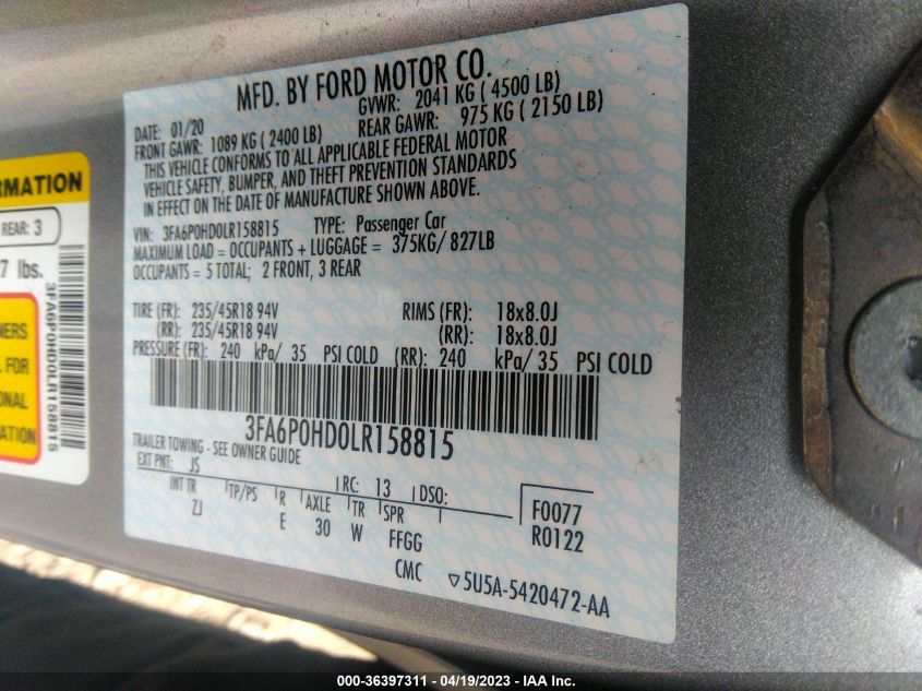 2020 FORD FUSION SE - 3FA6P0HD0LR158815