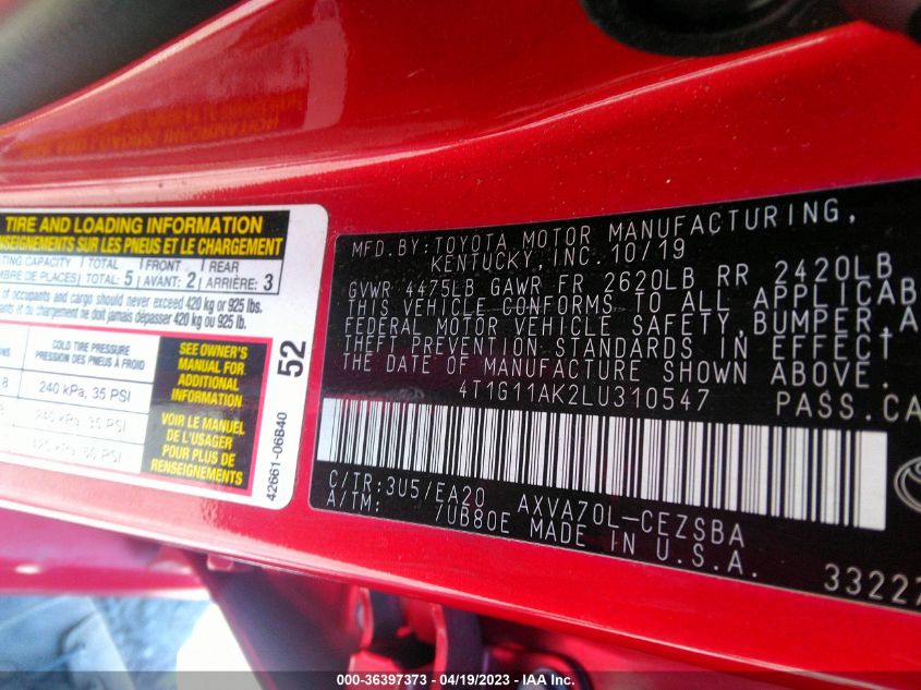 2020 TOYOTA CAMRY SE - 4T1G11AK2LU310547