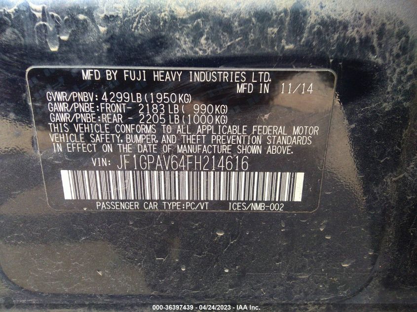 2015 SUBARU IMPREZA WAGON 2.0I SPORT LIMITED - JF1GPAV64FH214616
