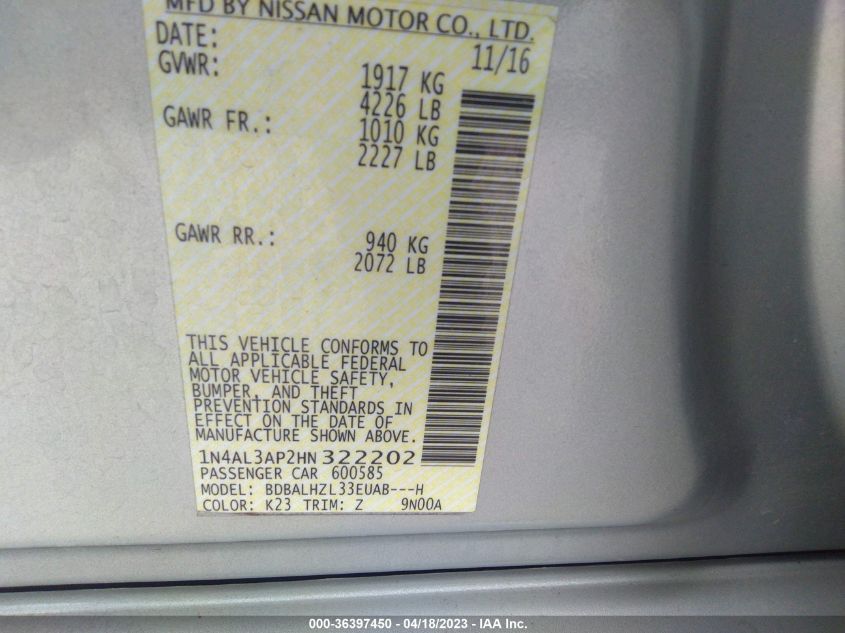 2017 NISSAN ALTIMA 2.5 SR - 1N4AL3AP2HN322202