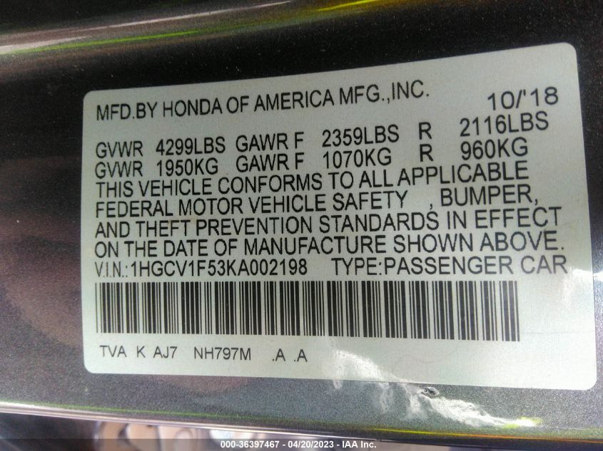 2019 HONDA ACCORD SEDAN EX-L 1.5T - 1HGCV1F53KA002198