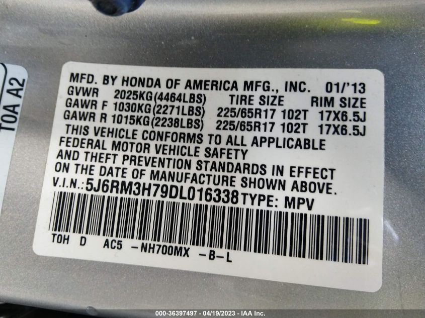 2013 HONDA CR-V EX-L - 5J6RM3H79DL016338
