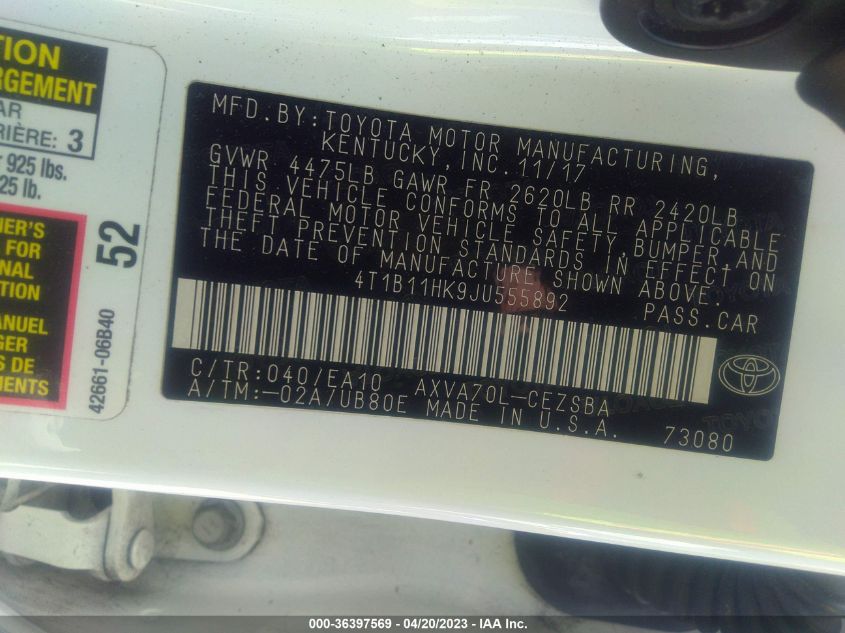 2018 TOYOTA CAMRY LE/SE/XLE/L - 4T1B11HK9JU555892