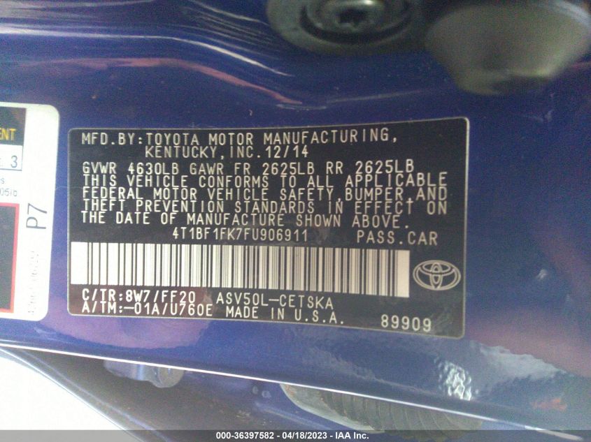 2015 TOYOTA CAMRY XLE/SE/LE/XSE - 4T1BF1FK7FU906911