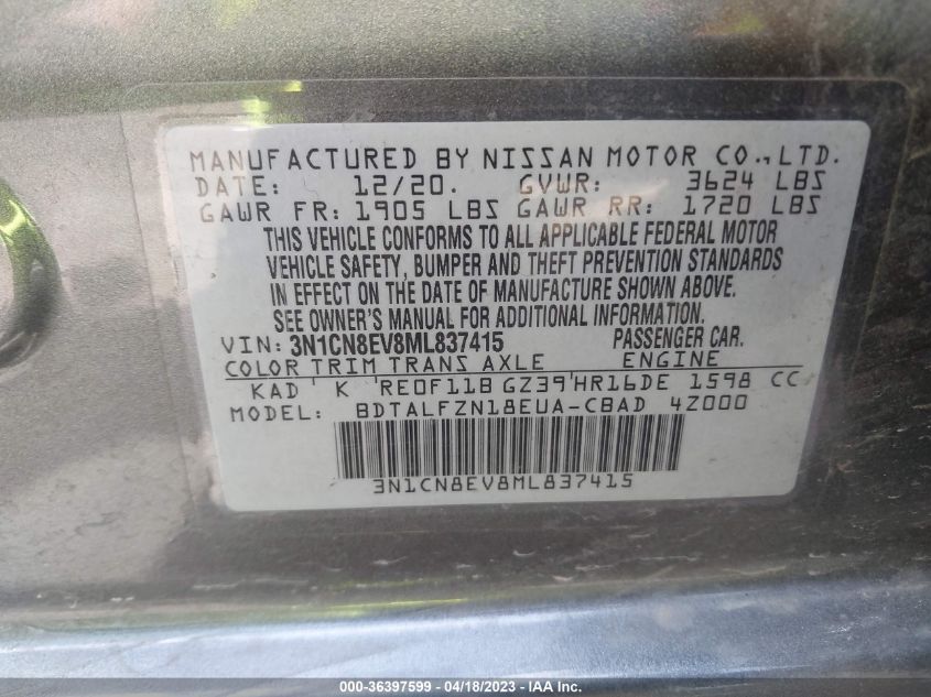 2021 NISSAN VERSA SV - 3N1CN8EV8ML837415