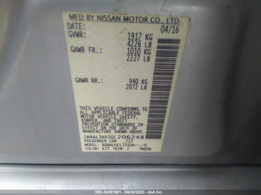 2016 NISSAN ALTIMA 2.5 SR - 1N4AL3AP2GC206248
