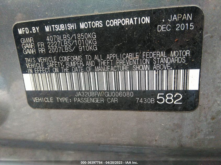 2016 MITSUBISHI LANCER GT - JA32U8FW7GU006080