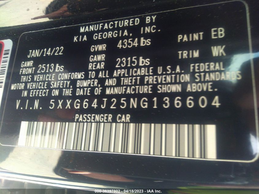 2022 KIA K5 GT-LINE - 5XXG64J25NG136604