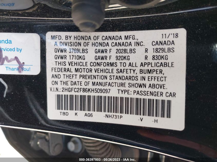 2019 HONDA CIVIC SPORT 2HGFC2F86KH509097