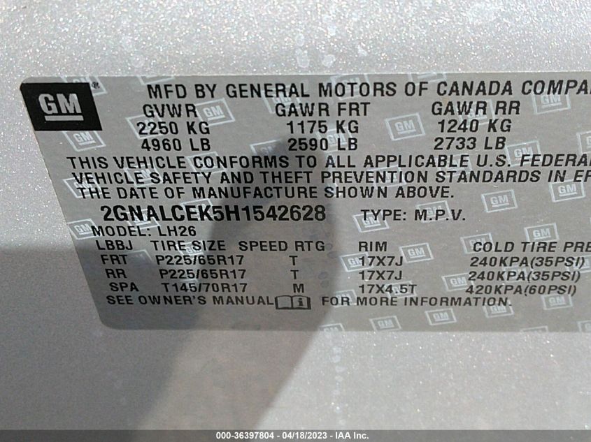 2017 CHEVROLET EQUINOX LT - 2GNALCEK5H1542628