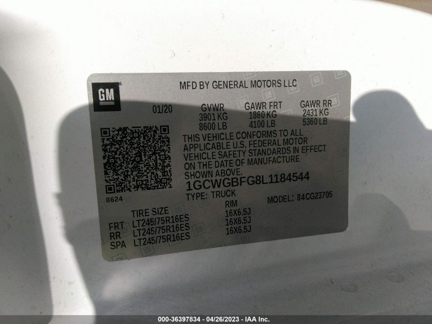 2020 CHEVROLET EXPRESS CARGO VAN - 1GCWGBFG8L1184544