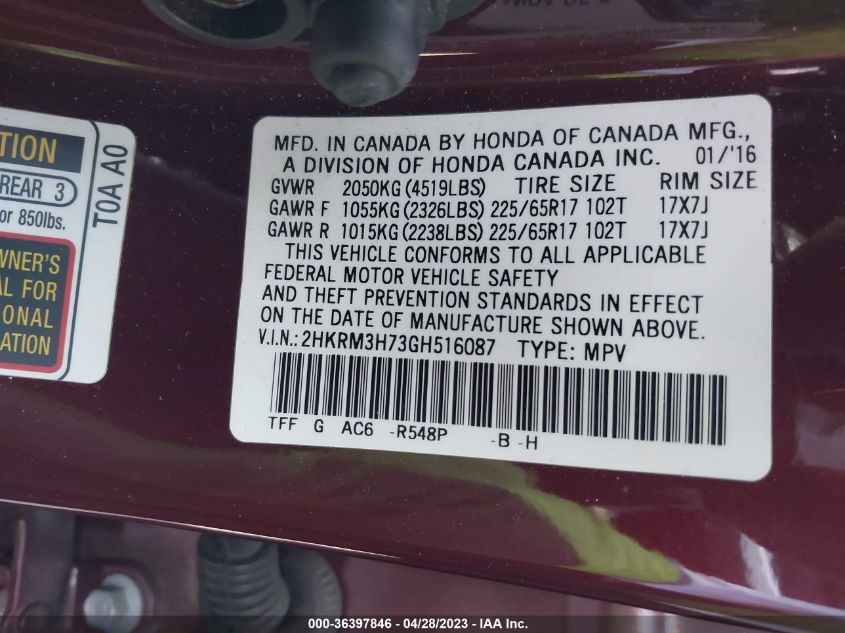 2016 HONDA CR-V EX-L - 2HKRM3H73GH516087