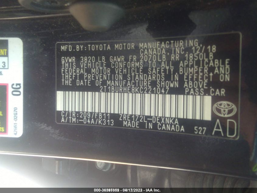 2019 TOYOTA COROLLA LE - 2T1BURHE8KC221047