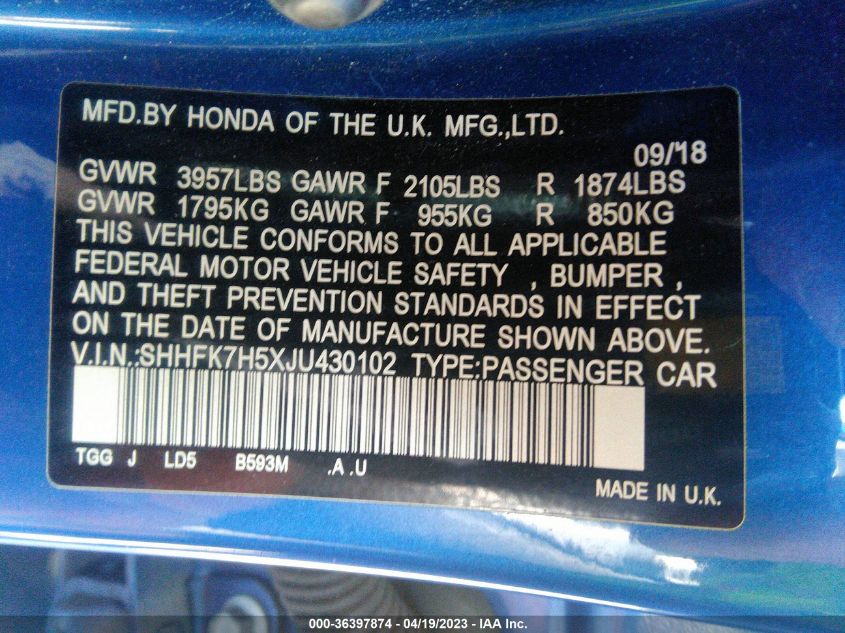 2018 HONDA CIVIC HATCHBACK EX - SHHFK7H5XJU430102