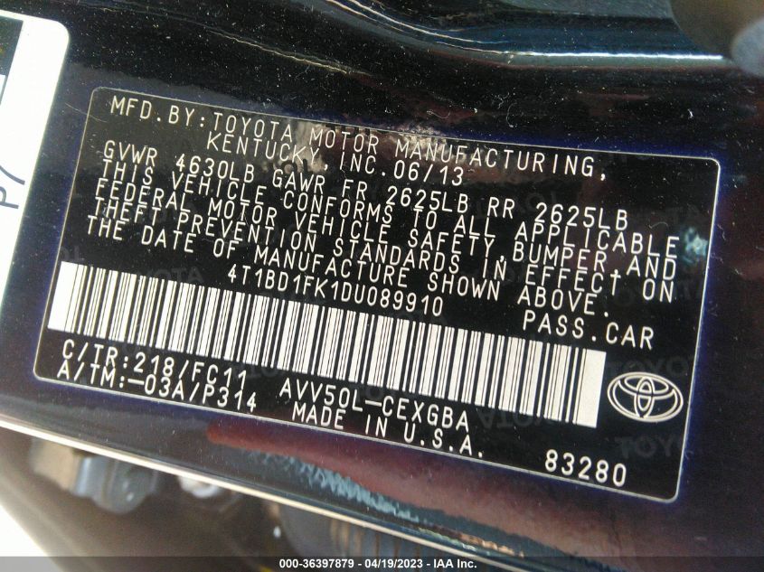 2013 TOYOTA CAMRY HYBRID LE/XLE - 4T1BD1FK1DU089910
